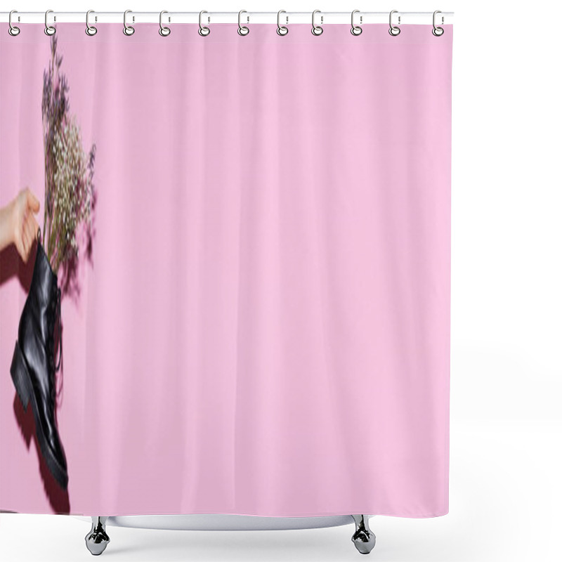 Personality  Cropped View Of Woman Holding Black Boot With Wildflowers On Pink Background, Banner Shower Curtains