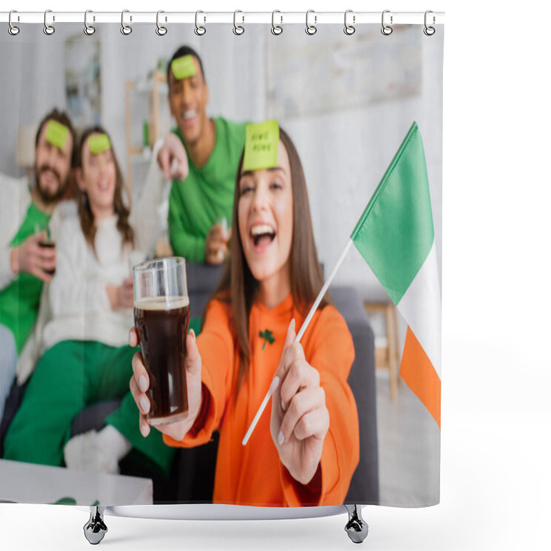 Personality  Amazed Woman With Sticky Note On Forehead Holding Irish Flag And Glass Of Beer Near Interracial Friends On Saint Patrick Day Shower Curtains