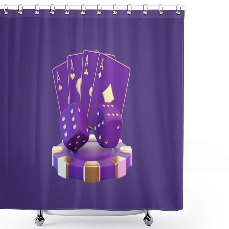 Personality  A Stylish Purple And Gold Casino Set Featuring Playing Cards, Dice, And A Poker Chip, Symbolizing Gambling And Luxury. 3D Render Illustration Shower Curtains