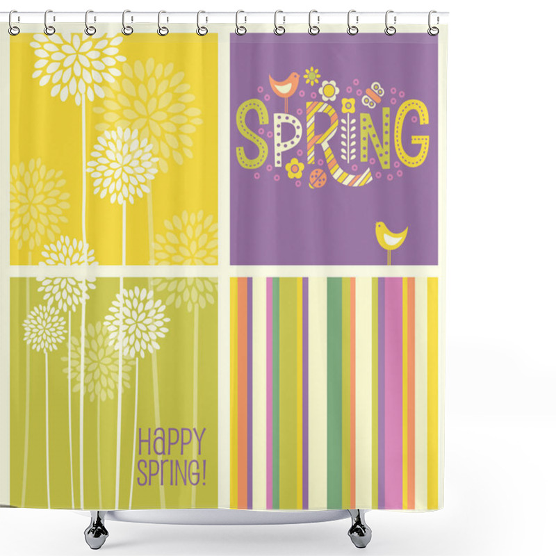 Personality  Set Of Spring Designs Including Seamless Stripes, Doodle Lettering, Tall Allium Flowers. Shower Curtains