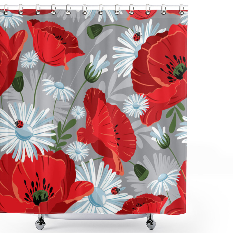 Personality  Excellent Seamless Pattern With With Poppies And Daisies Shower Curtains