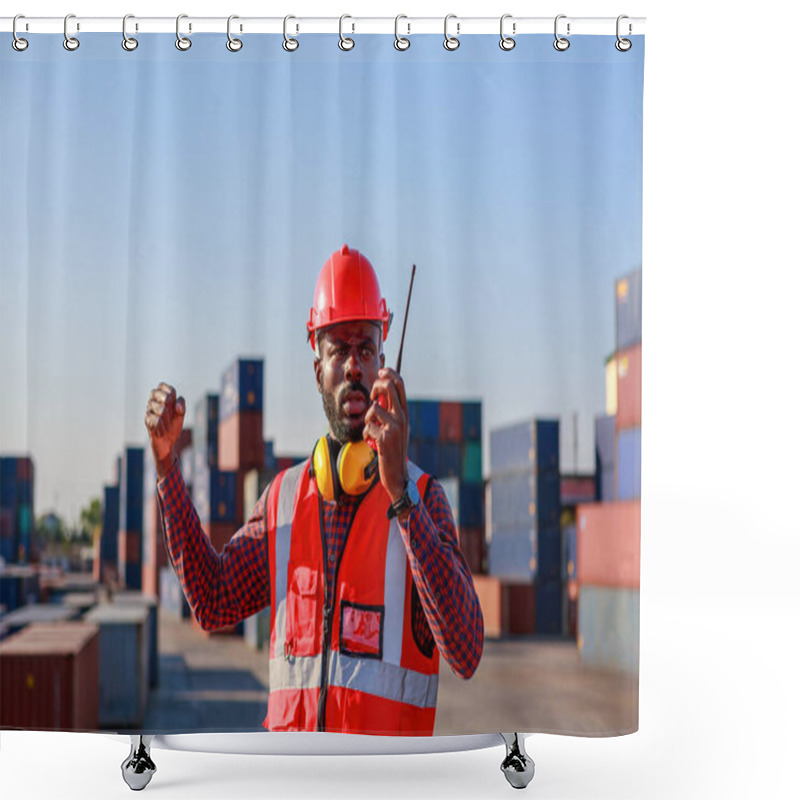 Personality  Engineer Foreman, Male African American, Controls The Inspection. Warehouse At Container Yard For International Shipping Business Moving Industrial Goods, Logistics, Import-export Commercial Transport Shower Curtains