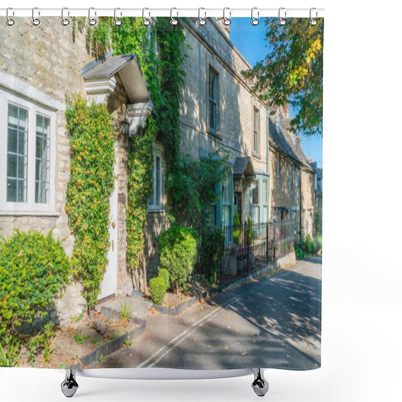 Personality  Traditional Houses In A Small Medieval Town Of Burford In Cotswolds Built Of Distinctive Local Yellow Limestone, Oxfordshire, UK Shower Curtains