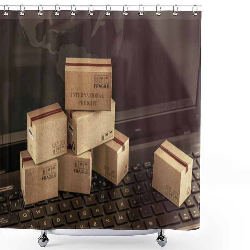 Personality  Logistic, Supply / Transportation And Online Shopping Concept: Cardboard Box On Keyboard. International Freight Or Shipping Service For Online Shopping. Shower Curtains