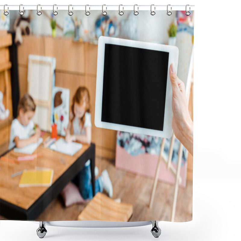 Personality  Cropped View Of Woman Holding Digital Tablet With Blank Screen Near Kids  Shower Curtains