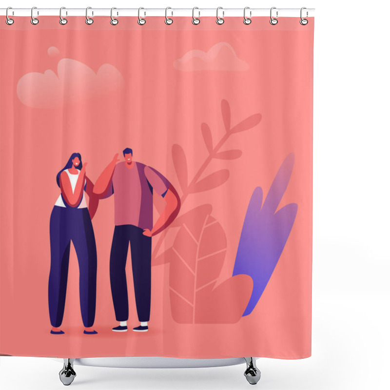 Personality  Fake News Concept. Woman And Man Characters Telling Gossips And Scandal Tales To Each Other On Street. People Spreading Wrong Scandalize Information, Mass Media False Info. Cartoon Vector Illustration Shower Curtains