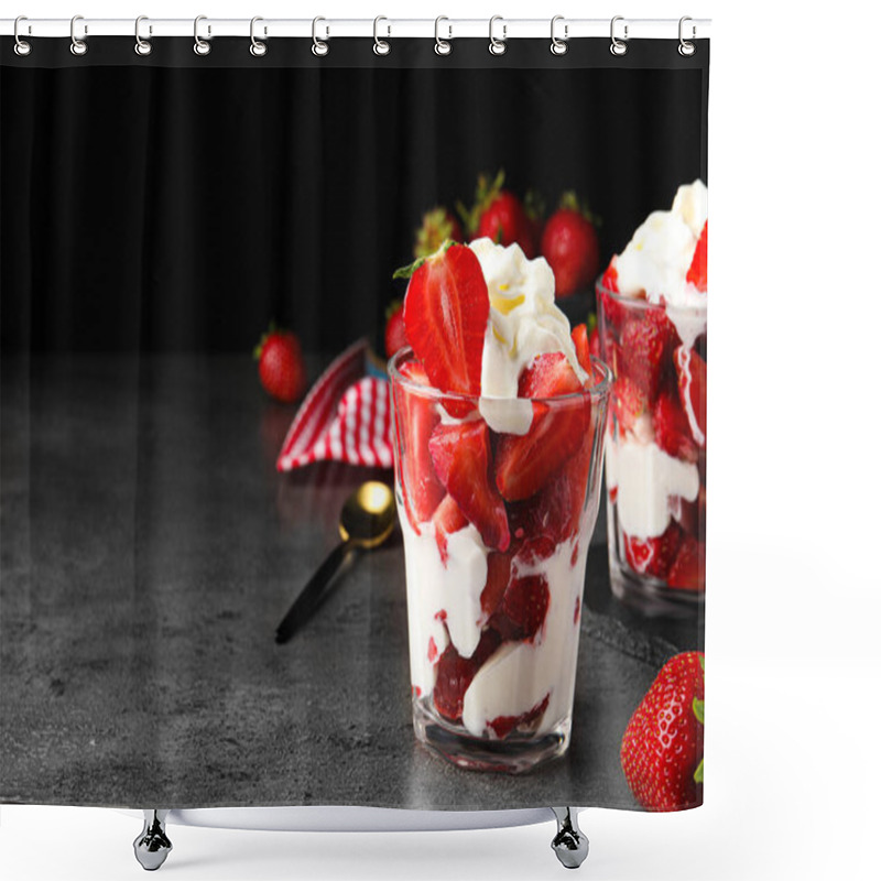 Personality  Delicious Strawberries With Whipped Cream Served On Grey Table. Space For Text Shower Curtains