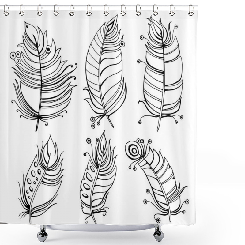 Personality  Hand Drawn Line Art Of Feathers With Ornaments Shower Curtains