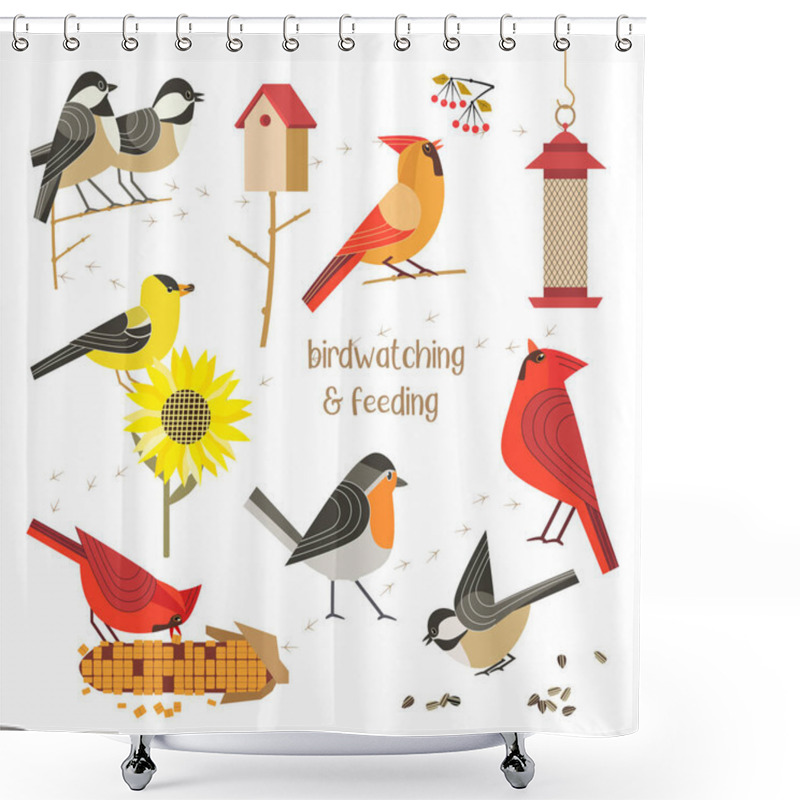 Personality  Bird Watching Feeding Vector Icons Collection Shower Curtains