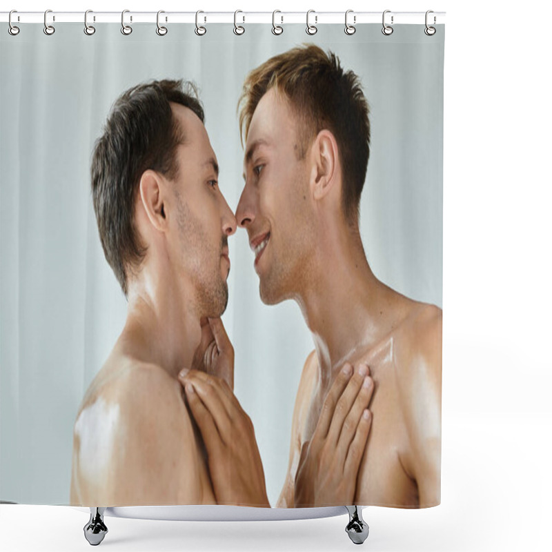 Personality  Two Men Warmly Connect, Their Expressions Filled With Joy And Love In A Cozy Environment. Shower Curtains