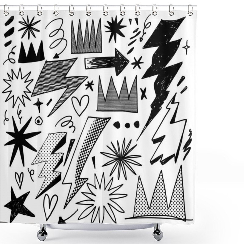 Personality  A Bold Black-and-white Doodle Collection Featuring Lightning Bolts, Stars, And Various Abstract Shapes With Halftone Effect For Texture. Shower Curtains