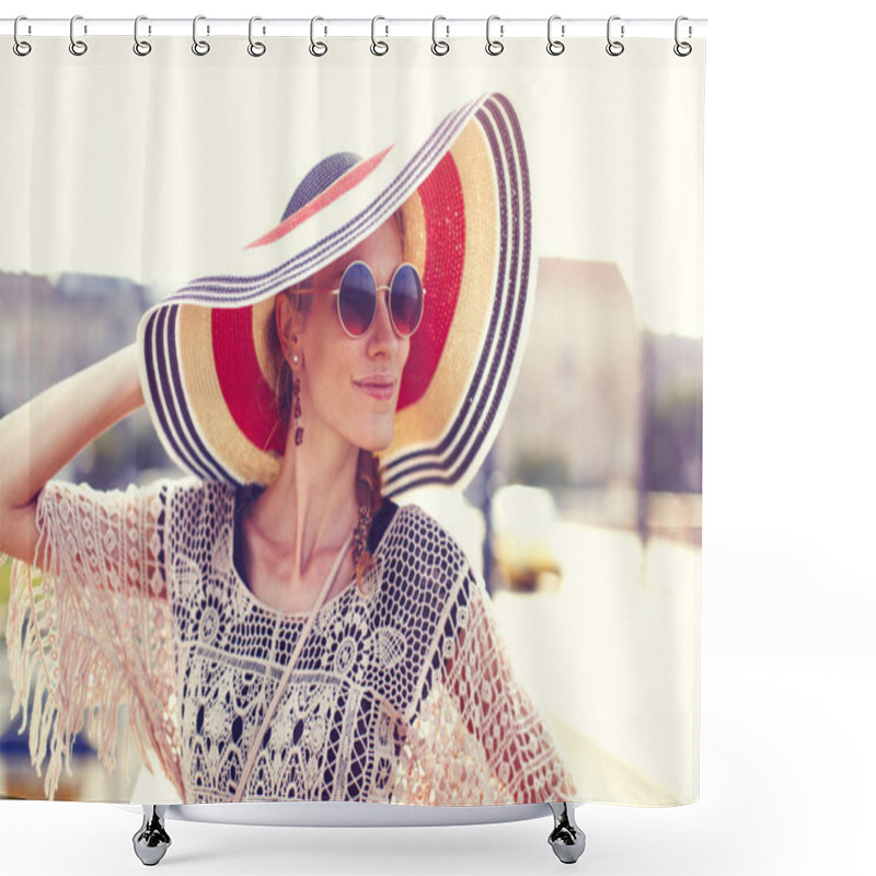 Personality  Happy Young Tourist Woman Holding Hat Outdoor Looking Away Shower Curtains