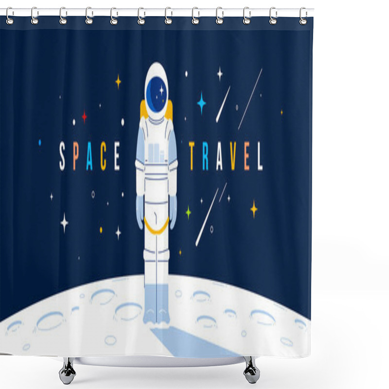 Personality  Vector Creative Illustration Of Astronaut In Spacesuit Making Spacewalk On Moon. Cosmonaut Exploring Outer Space On Dark Background With Header. Flat Line Art Style Concept Design Of Human Spaceflight For The Holiday Cosmonautics Day Greeting Banner Shower Curtains