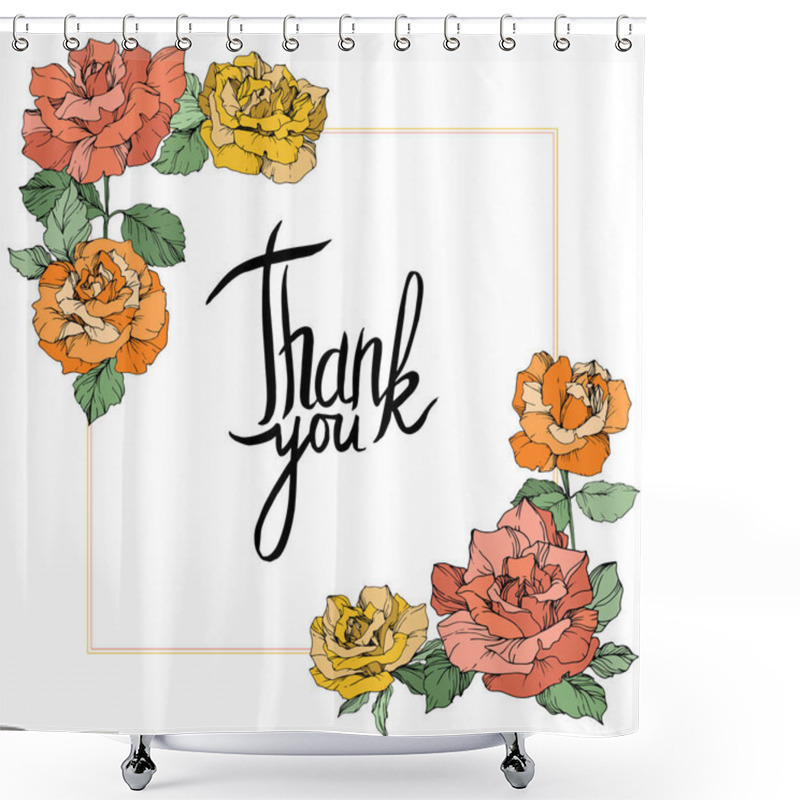 Personality  Vector. Rose Flowers And Square Frame On White Background. Yellow, Orange And Coral Roses Engraved Ink Art. Thank You Handwriting Monogram Calligraphy. Shower Curtains