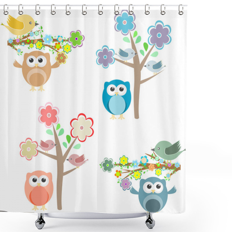 Personality  Blooming Tree And Branches With Sitting Owls And Birds Shower Curtains