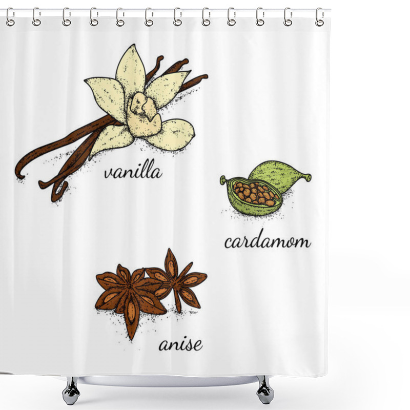 Personality  A Beautiful Selection Of Spices And Seasonings Drawn By Hand. Vanilla, Cardamom And Anise. Vector Illustration. Shower Curtains