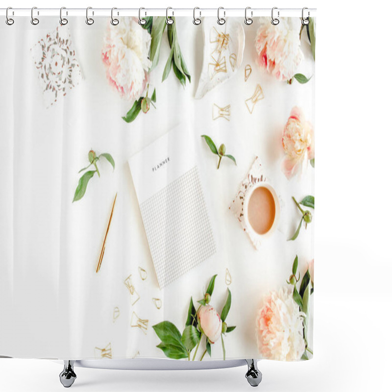 Personality  Workspace With Diary, Notebook, Accessories, Peony Flowers On White Background. Home Office Desk. Top View Feminine Background. Flat Lay, Top View. Shower Curtains