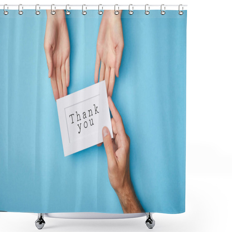 Personality  Cropped View Of Man Giving White Card In Frame With Thank You Lettering To Woman On Blue Background Shower Curtains