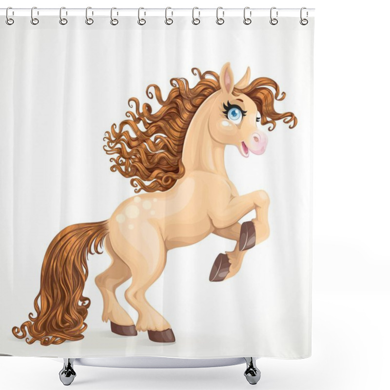 Personality  Cute Brown Horse With Long Mane Rearing Up Isolated On A White Background Shower Curtains