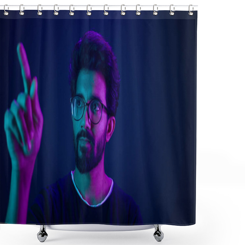 Personality  Infographic Hologram Backdrop Template Ultraviolet Neon Background Pensive Man Hi-tech Programmer Engineer Touch Air Space Futuristic User Interface HUD Digital Cyber Technology Virtual Screen Icon Shower Curtains