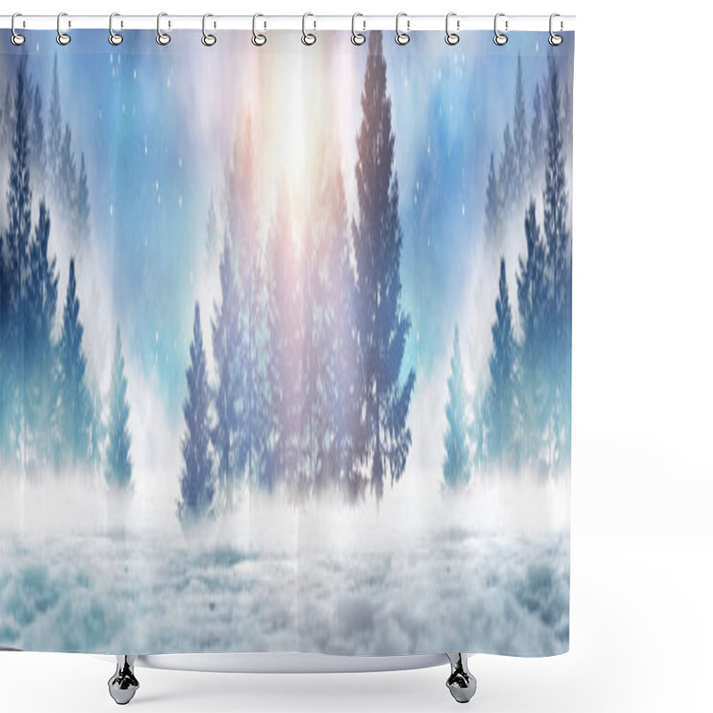 Personality  Dark Winter Forest Background At Night. Snow, Fog, Moonlight. Dark Neon Night Background In The Forest With Moonlight. Neon Figure In The Center. Night View, Magic. Shower Curtains