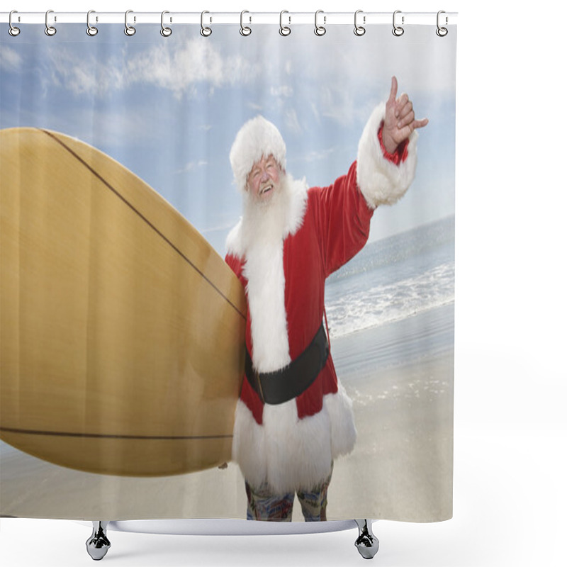 Personality  Santa Claus With Surf Board On Beach Shower Curtains