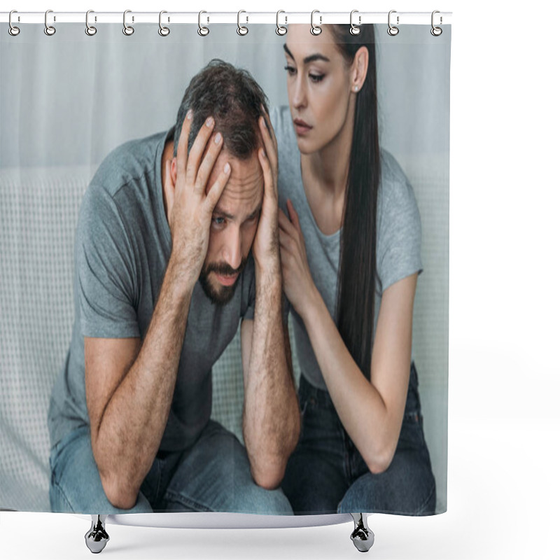 Personality  Young Woman Supporting Depressed Frustrated Boyfriend Sitting On Couch   Shower Curtains