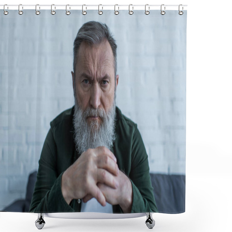 Personality  Serious Senior Man With Beard Frowning While Suffering Crisis And Looking At Camera  Shower Curtains