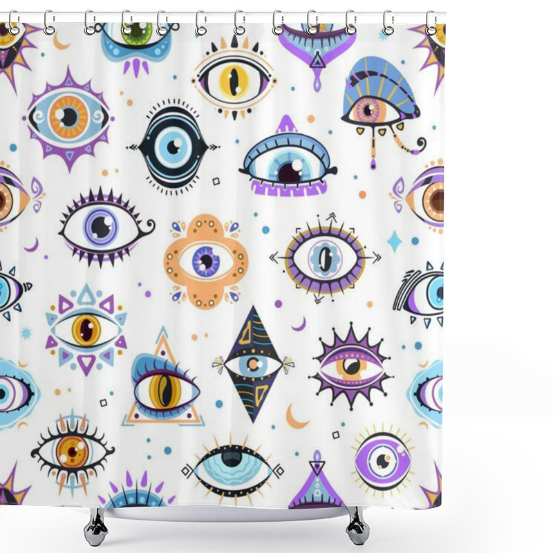 Personality  Magical Witchcraft Eyes Seamless Pattern. Textile Seamless Background, Fabric Or Wrapping Paper Vector Pattern, Wallpaper Print With Mystical Boho Eyes, Esoteric Or Occult Seeing, Witchcraft Symbols Shower Curtains