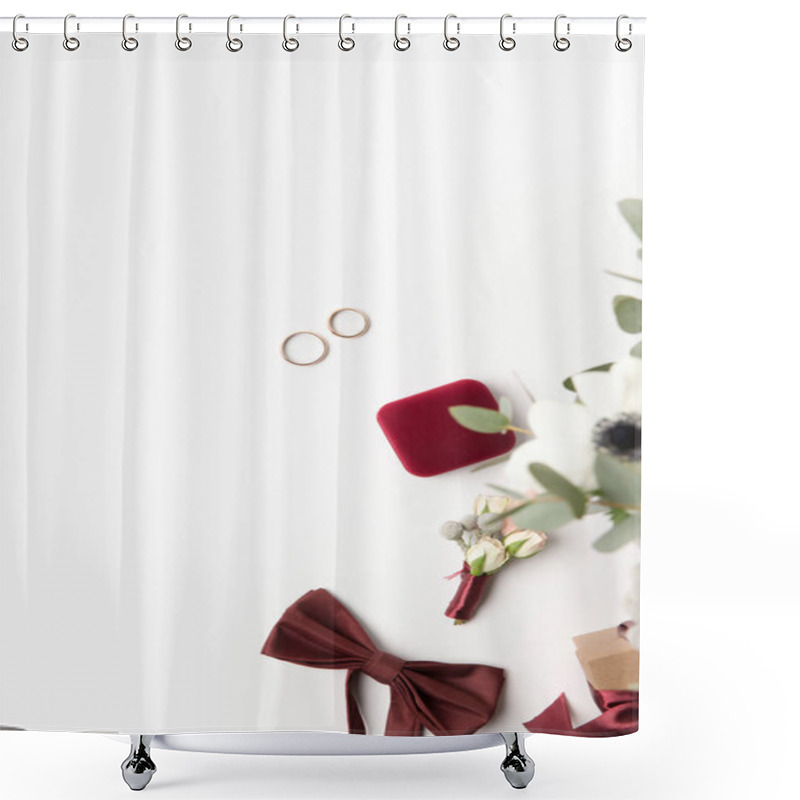 Personality  Flat Lay With Wedding Rings, Buttonhole, Bow Tie And Jewelry Box Isolated On White Shower Curtains