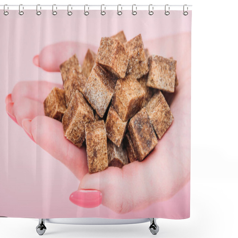 Personality  Cropped View Of Woman With Handful Of Brown Sugar Cubes On Pink Background Shower Curtains