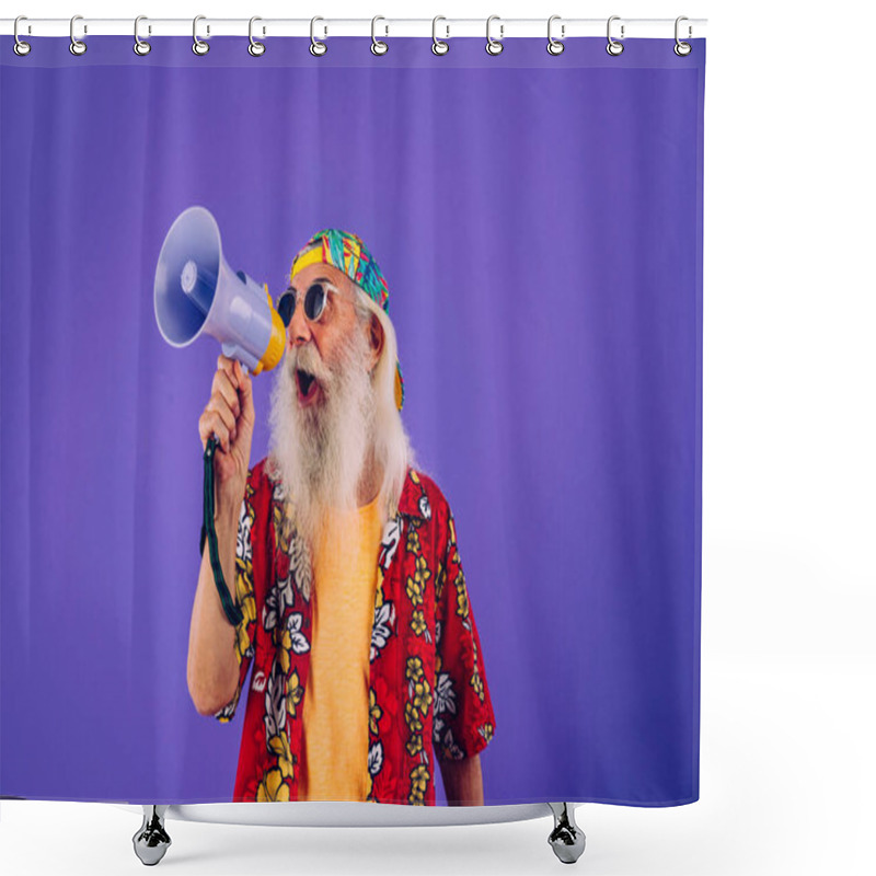 Personality  Senior Man With Eccentric Look  - 60 Years Old Man Having Fun, Portrait On Colored Background, Concepts About Youthful Senior People And Lifestyle Shower Curtains