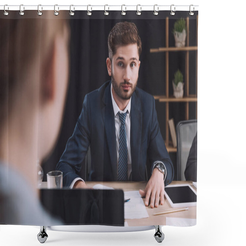 Personality  Selective Focus Of Young, Handsome Businessman Looking At Colleague During Business Meeting Shower Curtains