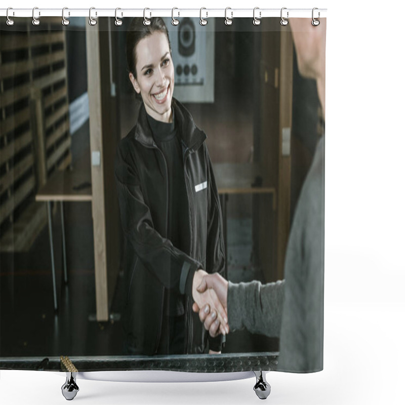 Personality  Smiling Customer And Shooting Instructor Shaking Hands Shower Curtains