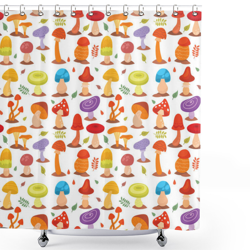 Personality  Mushrooms Fungus Agaric Toadstool Different Art Style Design Fungi Vector Illustration Red Hat Seamless Pattern Background Shower Curtains