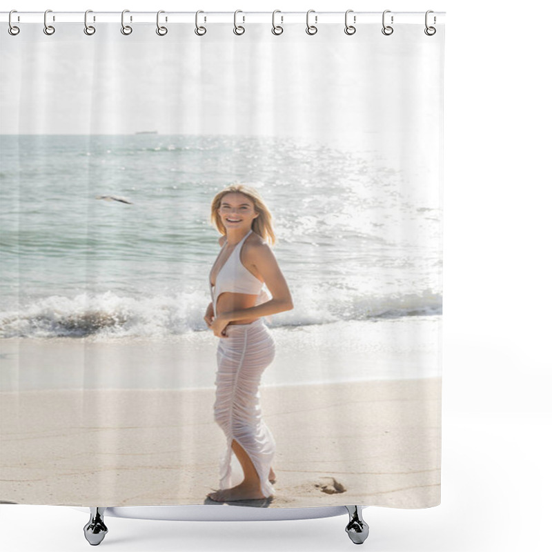 Personality  A Young Blonde Woman Standing On Miami Beach, Gazing Out At The Ocean With A Sense Of Serenity And Wonder. Shower Curtains