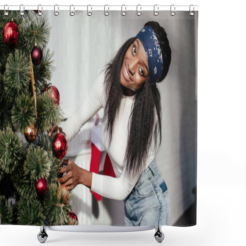 Personality  Beautiful African American Woman Decorating Christmas Tree With Baubles At Home And Looking At Camera Shower Curtains