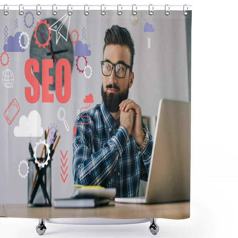 Personality  Thoughtful Young Seo Manager Looking Away While Sitting At Workplace With Laptop And Signs Shower Curtains