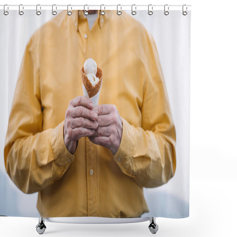 Personality  Cropped View Of Senior Man Holding Ice Cream Cone  Shower Curtains