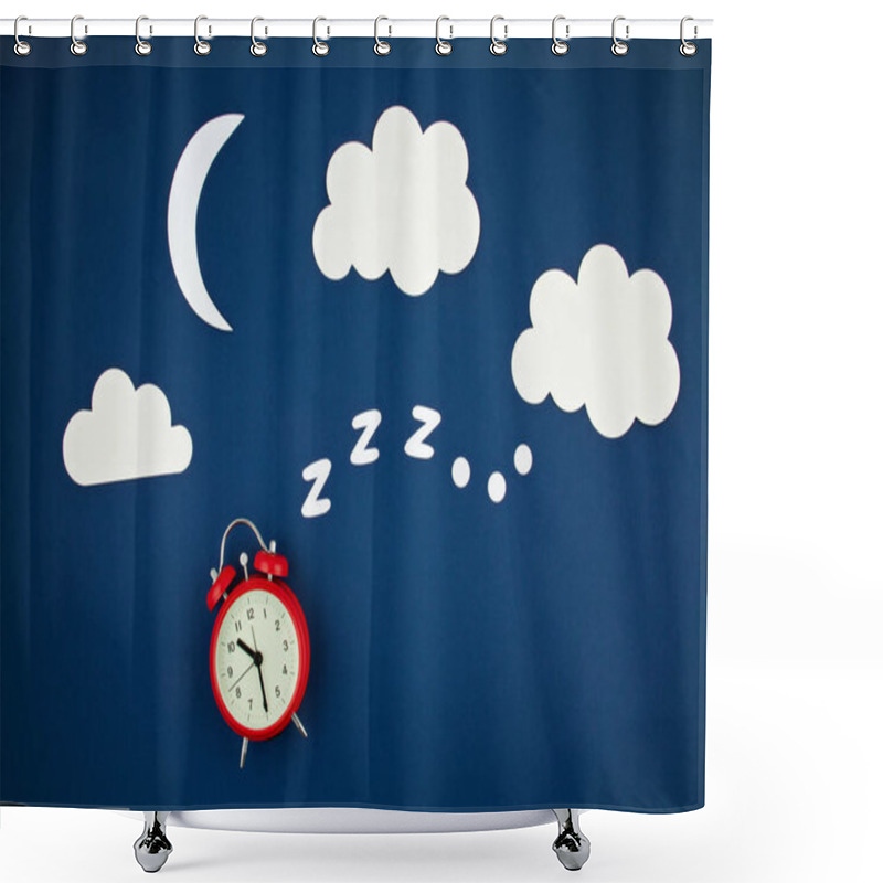 Personality  Snoring Classic Alarm Clock On Blue Pastel Trendy Background. Flat Lay, Top View Mock Up Shower Curtains