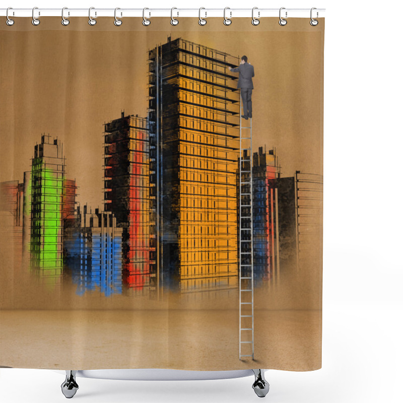 Personality  Rear View Of Businessman Standing On Ladder Touching Painted City Shower Curtains