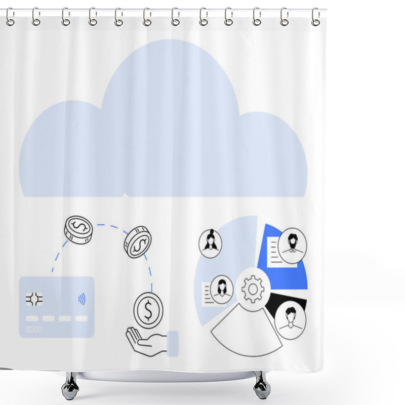 Personality  Hand Transferring Coins To A Credit Card Beneath A Large Cloud, Surrounded By User Profile Charts. Ideal For Cloud Computing, Financial Technology, Data Analytics, Digital Transactions, Cloud Shower Curtains