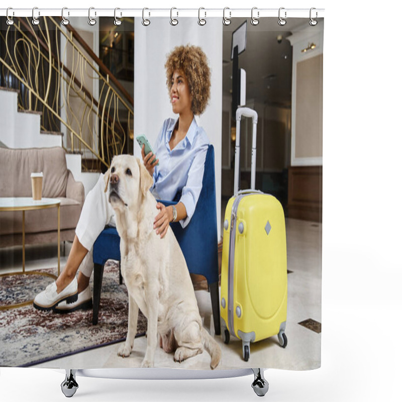 Personality  Smiling African American Woman With Smartphone Sitting Near Labrador In Lobby Of Pet-friendly Hotel Shower Curtains