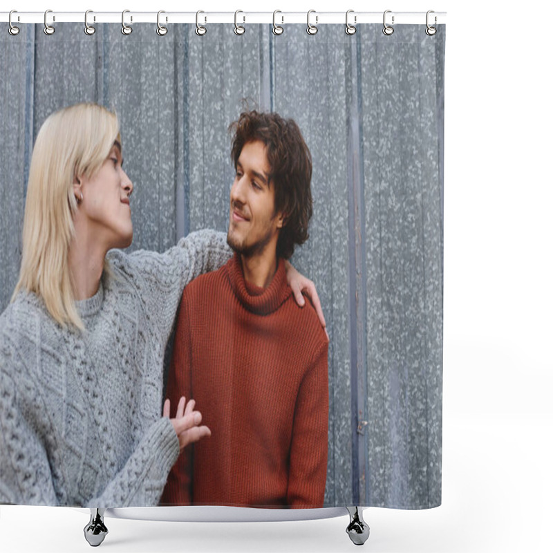 Personality  Two Young Men Engage Warmly In Conversation, Their Expressions Reflecting Joy And Connection. They Stand Against A Modern, Textured Backdrop That Enhances The Inviting Atmosphere Of Their Interaction. Shower Curtains