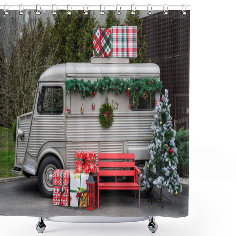 Personality  Trailer Decorated With A Wreath And Fir Branches For Christmas Shower Curtains