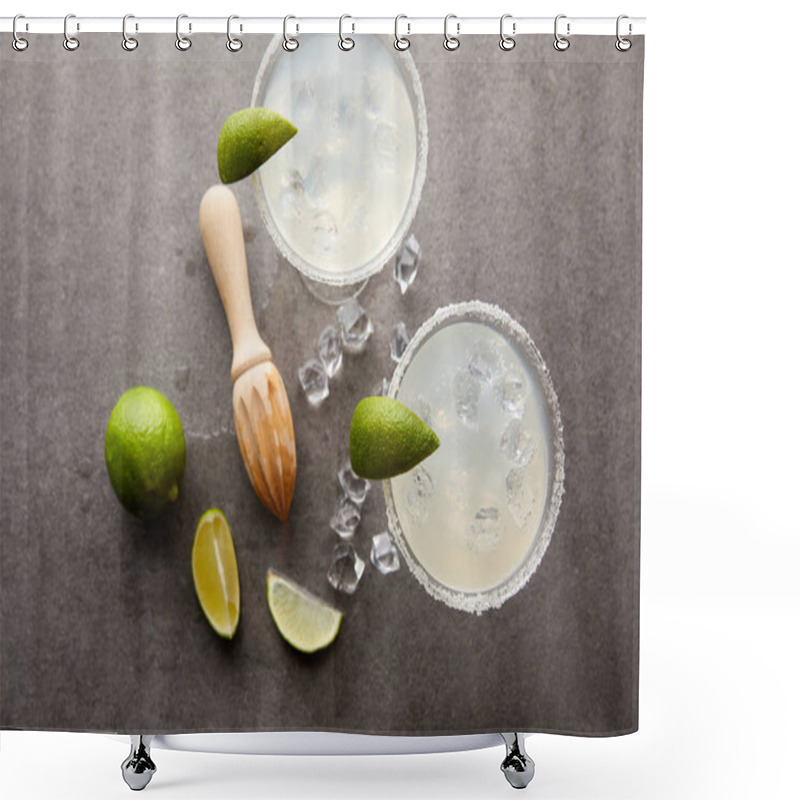 Personality  Flat Lay With Margarita Cocktails With Pieces Of Lime, Ice Cubes And Wooden Squeezer On Grey Tabletop Shower Curtains