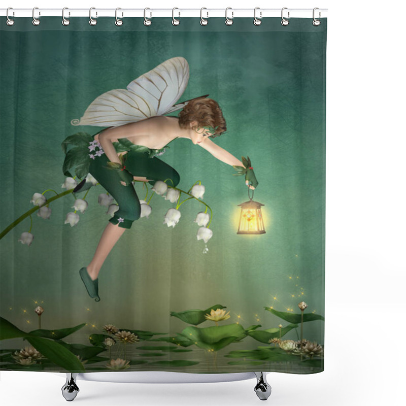 Personality  Little Elf With Lantern On A Lily Of The Valley In A Green Forest Shower Curtains