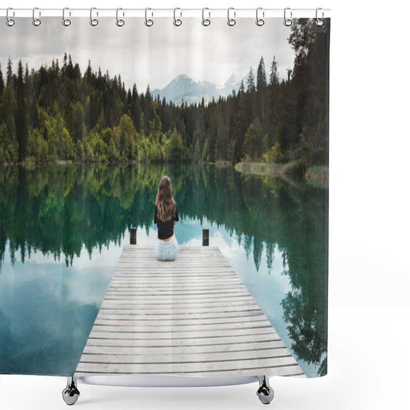 Personality  The Girl Turned Her Back Looks Into The Crystal Clear Water In The Lake Shower Curtains