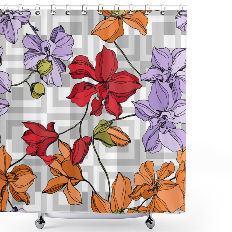 Personality  Orchid Floral Botanical Flowers. Black And White Engraved Ink Art. Seamless Background Pattern. Shower Curtains