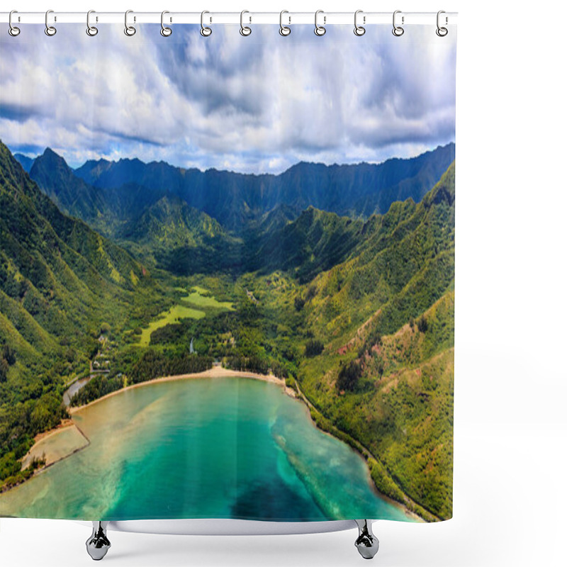 Personality  Aerial Panoramic View Of Oahu Coastline And Mountains In Honolulu Hawaii From A Helicopter Shower Curtains